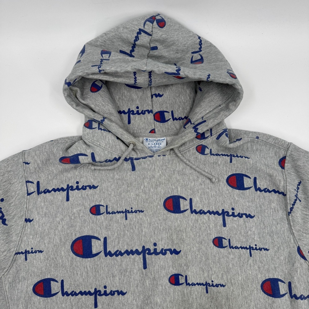 Champion Reverse Weave All Over Print Logo Hoodie Sweatshirt Men's X Large Gray - Picture 2 of 10
